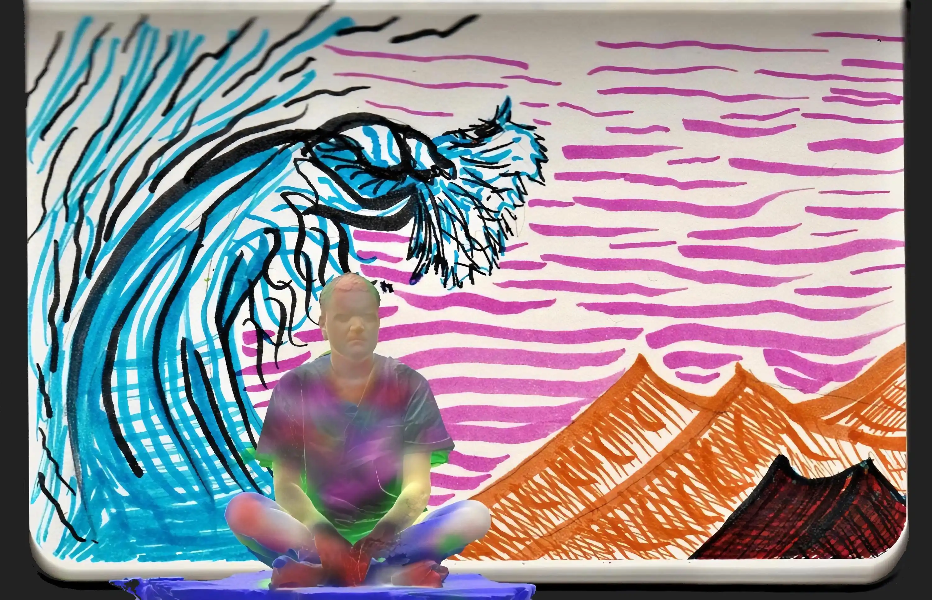 Painted 3D scan meditating in front of a notebook page depicting a tsunami over a desert